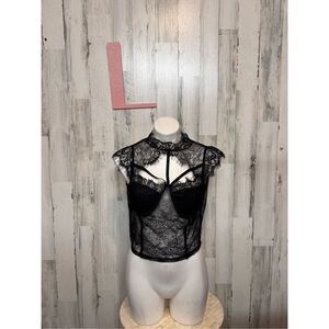 Dazy Black Lace Sheer Crop Top High Neck Size L